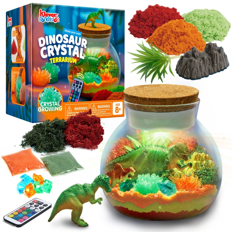 Klever Kits Dinosaur Crystal Terrarium Crafts Kit for Kids with LED Night Light, Crystal Growing Science Kits Gift for Aged 6+ Years