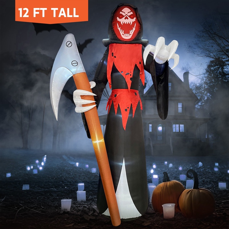 Syncfun 12 FT Halloween Inflatable Giant Grim Reaper Decoration with Built-in LEDs,Grim Reaper with Scythe Halloween Decorations Outdoor Blow Up Yard Lawn Decoration