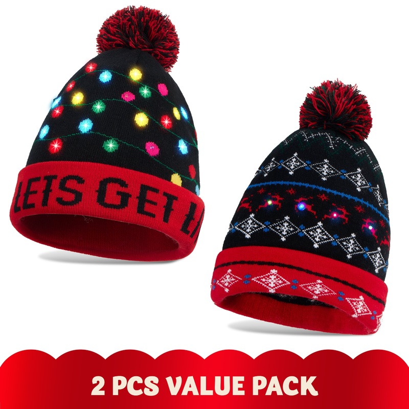 Syncfun 2 Pack LED Christmas Hat,Light Up Ugly Christmas Beanies for Adults,Mens Gifts for Christmas,Funny Hats Christmas Party Favors (Battery Included with 3 Flashing Modes)