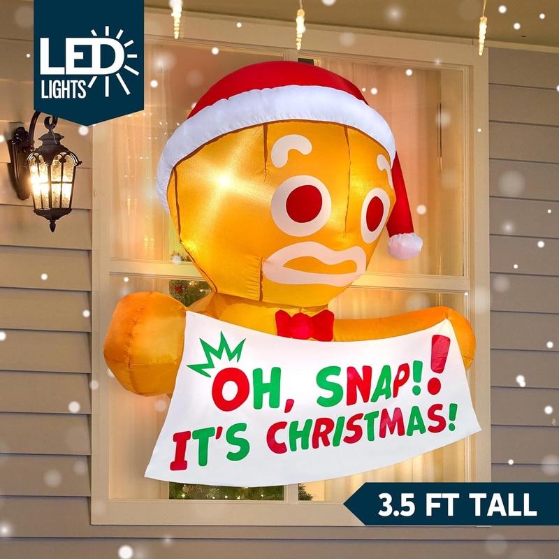 Syncfun 3.5 FT Christmas Inflatables Window Outdoor Decorations,Gingerbread Man with Oh Snap Banner Broke Out from Window Blow Ups Yard with Built-in LEDs for Holiday