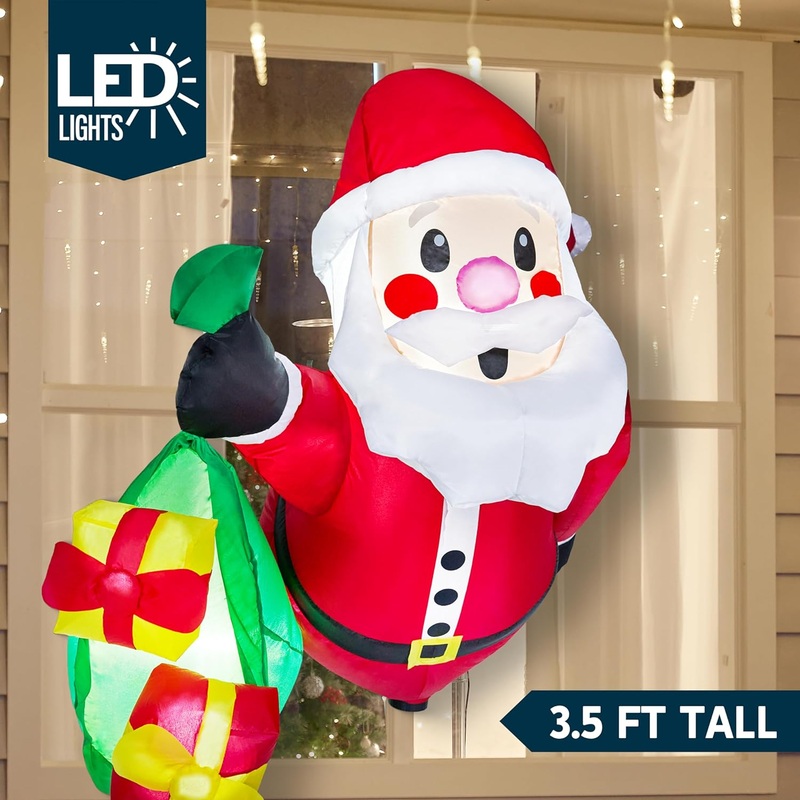 Syncfun 3.5 FT Christmas Inflatables Window Outdoor Decorations,Santa with Gift Bags Broke Out from Window Blow Ups Yard with Built-in LEDs for Holiday Party Garden Lawn Decor