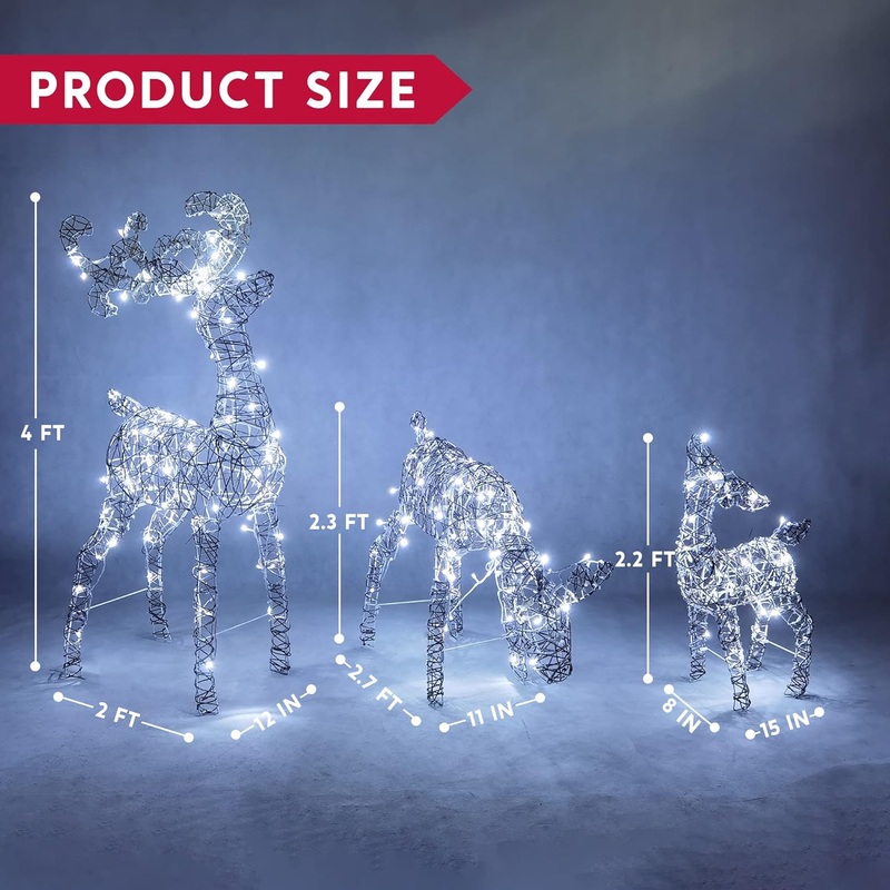 SYNCFUN 3 Pack Reindeer Christmas Outdoor Yard Light Decorations,185 LED Lights Deer Family for Christmas Outside Lawn Decor,Cool White