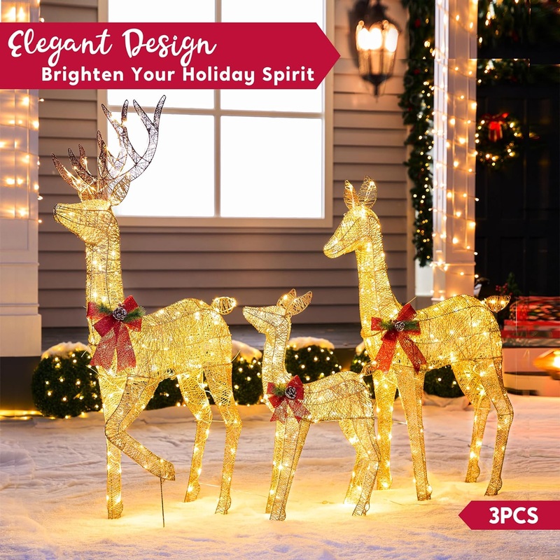 SYNCFUN 3 Pack Reindeer Christmas Outdoor Yard Light Decorations,360 LED Lights Deer Family for Christmas Outside Lawn Decor,Glod