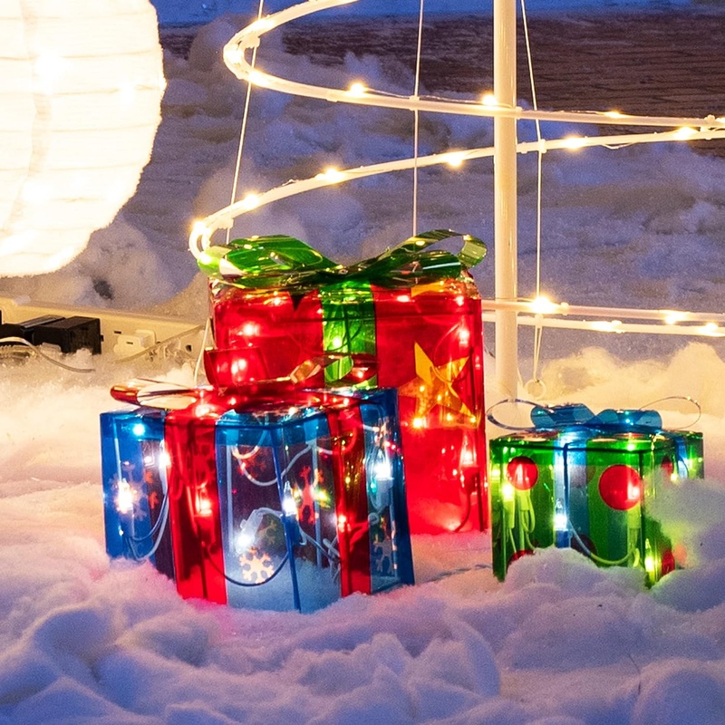 SYNCFUN 3 Pcs Gift Boxes Light Christmas Outdoor Decorations,50 Star Pre-Lit LED Present Boxes Christmas Decorations,Christmas Yard Christams Tree Holiday Decor