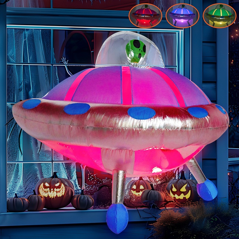 Syncfun 4.5 FT Halloween Inflatable Decorations Outdoor UFO Crashing Through Window Broke Out from Window with Built-in Color Changing LED Blow Up Inflatable for Yard Garden Lawn Decor