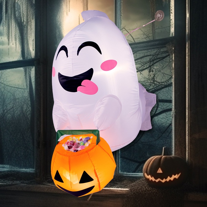 SYNCFUN 4.5 FT Halloween Inflatable Outdoor Cute Flying Ghost with Pumpkin Candy Basket Broke Out from Window with Built-in LED Blow Up Inflatable for Window Decoration Yard