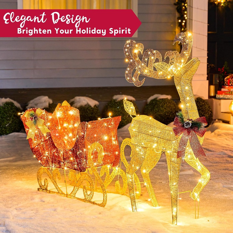 SYNCFUN 4 FT Reindeer Christmas Outdoor Yard Light Decorations,200 LED Lights Reindeer and Sleigh for Christmas Outside Lawn Decor,Warm White Light