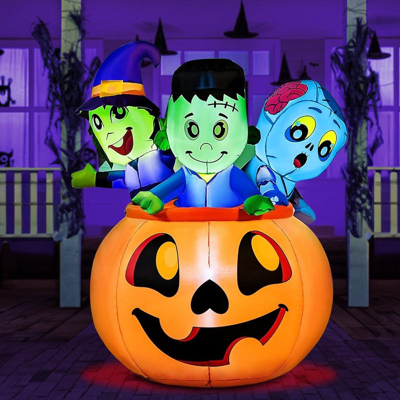 Syncfun 5 FT Halloween Inflatable Characters on Pumpkin Inflatable with Build-in LEDs Blow Up Halloween Outdoor Decorations Yard Inflatables Decoration