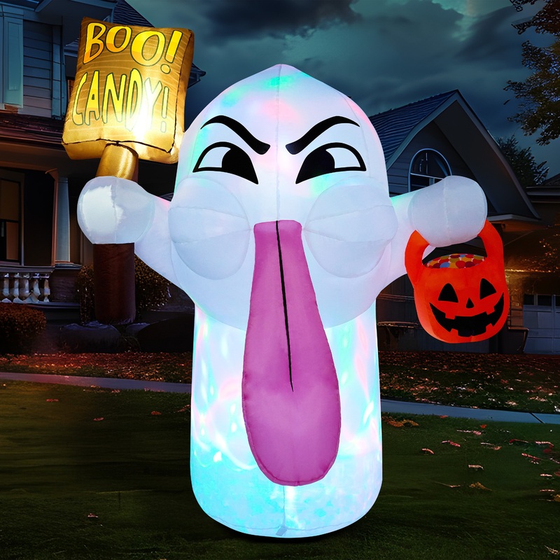 Syncfun 5 FT Halloween Inflatable Cute Ghost with Pumpkin Candy Basket and BOO Candy Sign Built-in Colorful Led Lights,Halloween Blow Up for Indoor Outdoor Holiday Yard Decoration