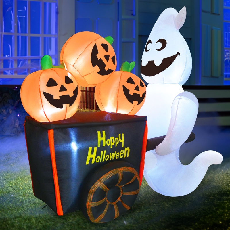 Syncfun 6 FT Halloween Inflatable Ghost Pushing Pumpkin Cart Decorations with Build-in LEDs,Outdoor Halloween Ghost Decorations Blow up Yard Decorations