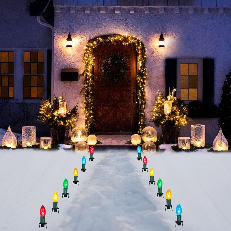 Syncfun Christmas Pathway Lights Outdoor,30.75 FT 24 C9 LED Walkway Lights with Marker Stakes,Outdoor Christmas Lights for House Warm White Christmas Decorations