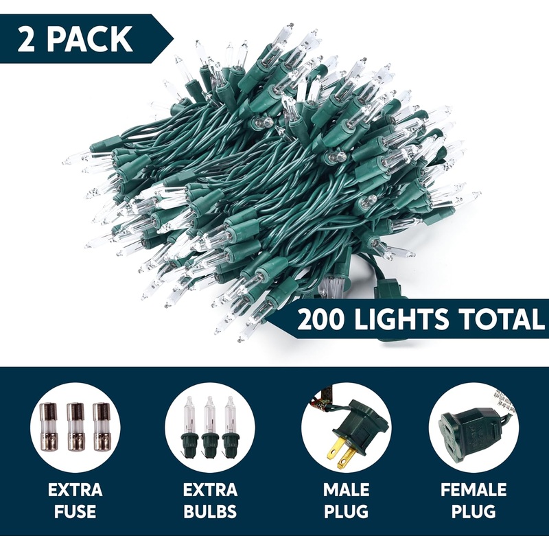 SYNCFUN Clear Christmas Lights,45FT 200(2x100)-Count Led Warm White Christmas String Lights,Connectable Green Wire Xmas Tree Lights for Indoor Outdoor Christmas Decorations Holiday Party Decor