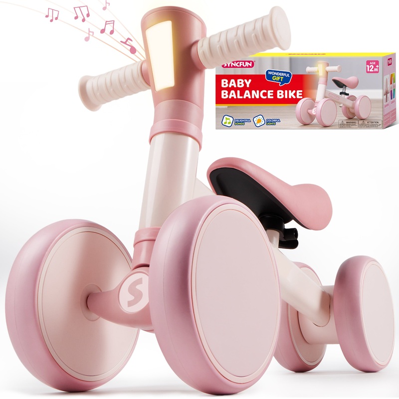 SYNCFUN Colorful Lighting Toddler Balance Bike with Music & Led for 1 2 3 Year Old Girls Boys 12-36 Months 4 Wheels Baby First Bike Adjustable Baby Walker Bike