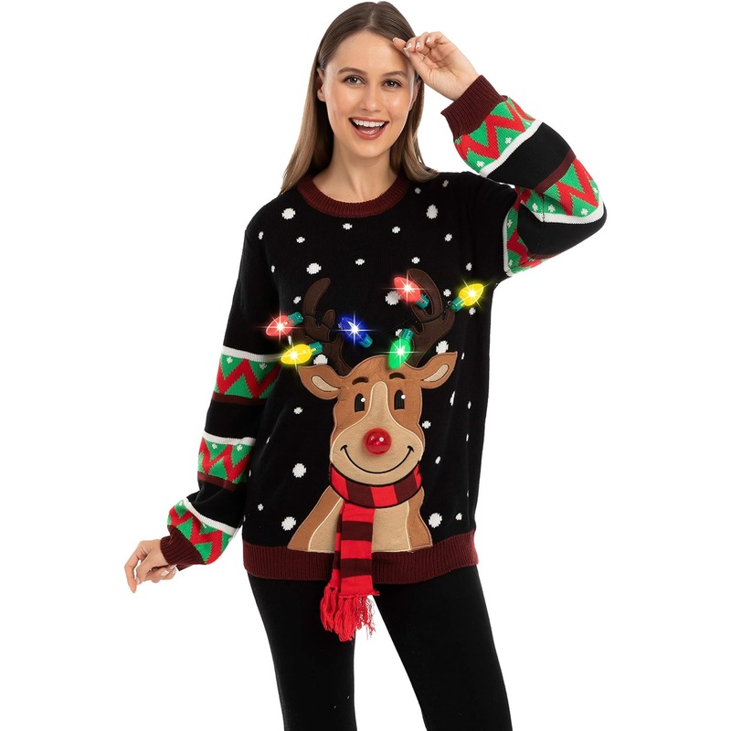 SYNCFUN Light Up Ugly Christmas Sweaters for Women,Funny LED Reindeer Christmas Sweater for Women,Holiday Sweater