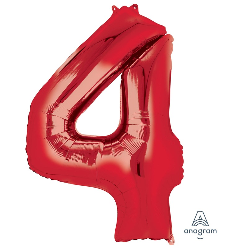 COLLECTION ONLY - Large Red Number 4 Super Shape Foil Balloon Filled with Helium & Dressed with Ribbon & Weight