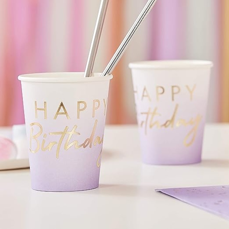 "Happy Birthday" Gold Foiled Lilac Ombre Cups - Pack of 8