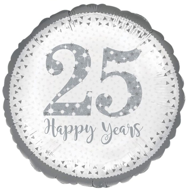 COLLECTION ONLY - 1 25 Happy Years Standard Foil Balloon Filled with Helium & Dressed with Ribbon & Weight