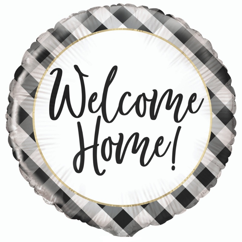 COLLECTION ONLY - 1 Black & White Welcome Home Standard Foil Balloon Filled with Helium & Dressed with Ribbon & Weight