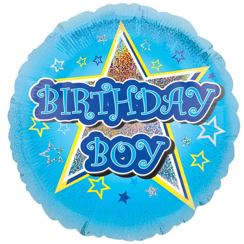 COLLECTION ONLY - 1 Blue & Yellow Birthday Boy!  Standard Foil Filled with Helium & Dressed with Ribbon & Weight