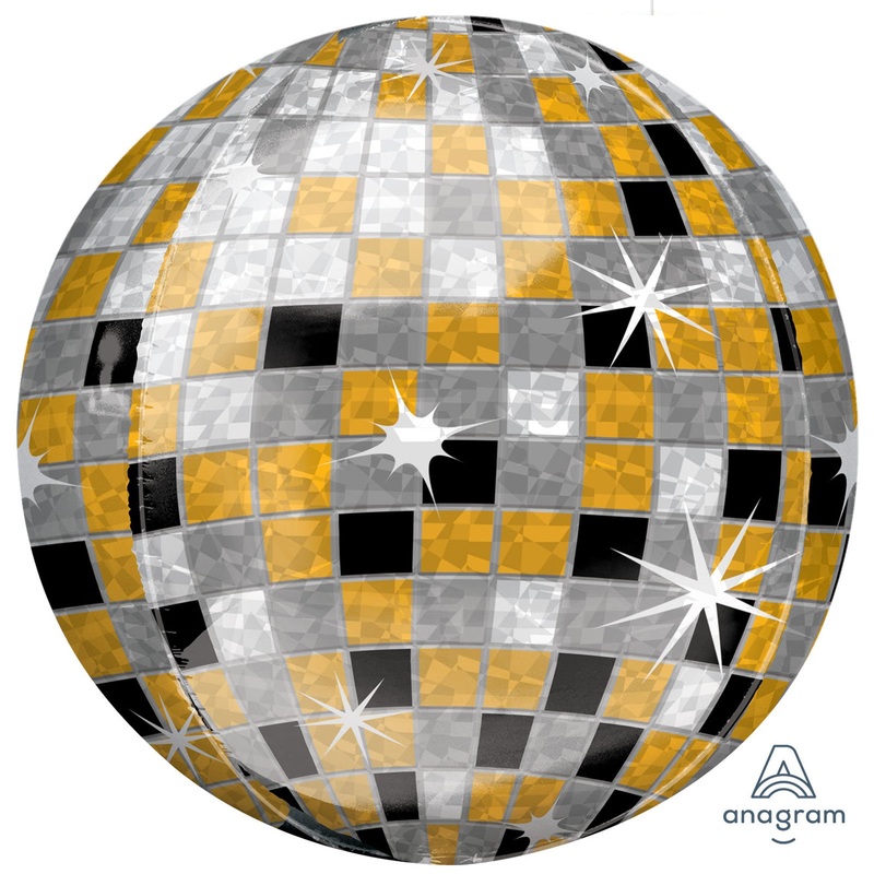 COLLECTION ONLY - 1 Gold & Black Disco Ball 16" Orbz Balloon Filled with Helium & Dressed with a Balloon Collar, Ribbon & Weight