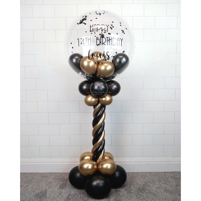 COLLECTION ONLY - Black & Gold Twisted Tower Topped with a Clear Bubble filled with Balloons - Black Message