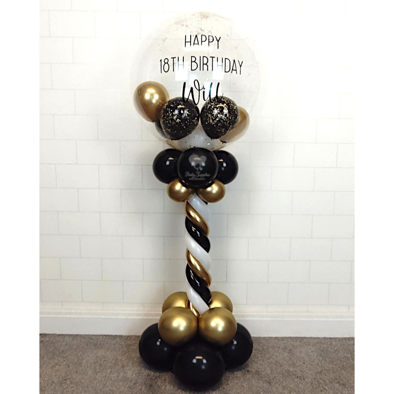 COLLECTION ONLY - Black, White & Gold Twisted Tower Topped with a Clear Bubble filled with Balloons & Gold Leaf - Black Message