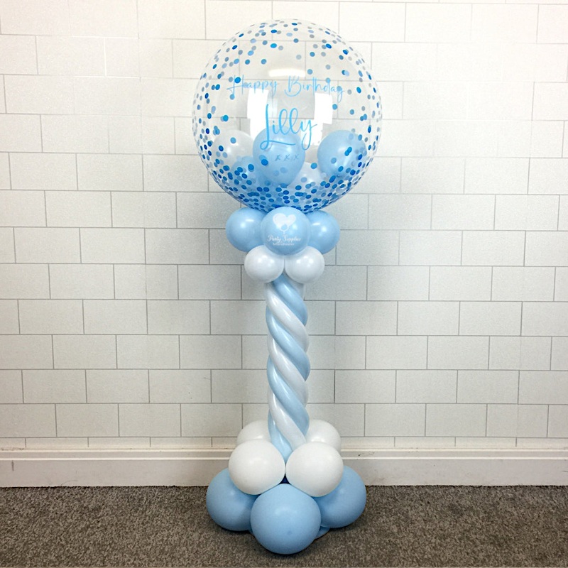 COLLECTION ONLY - Blue & White Twisted Tower Topped with a Blue Confetti Print Bubble filled with Balloons - Blue Message