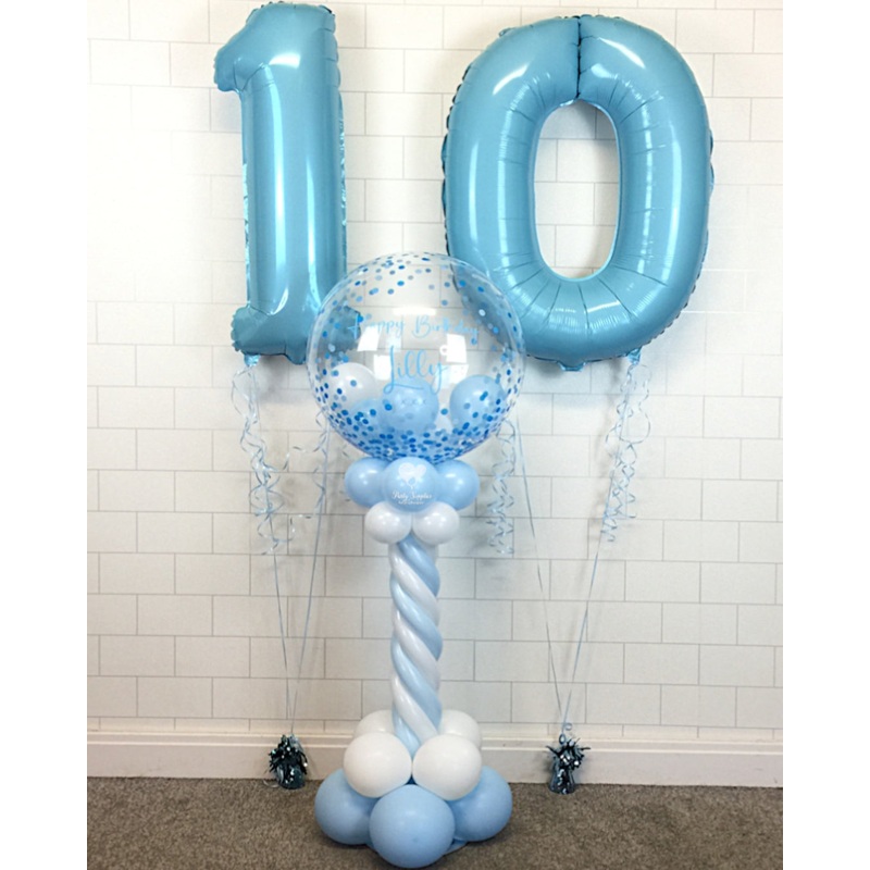COLLECTION ONLY - Blue & White Twisted Tower Topped with a Blue Confetti Print Bubble filled with Balloons - Blue Message + 2 Helium Filled Numbers