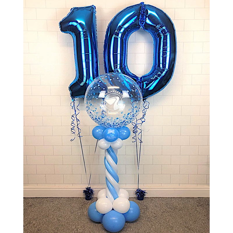 COLLECTION ONLY - Blue & White Twisted Tower Topped with a Blue Confetti Print Bubble filled with Balloons  - White Logo + 2 Blue Helium Filled Numbers