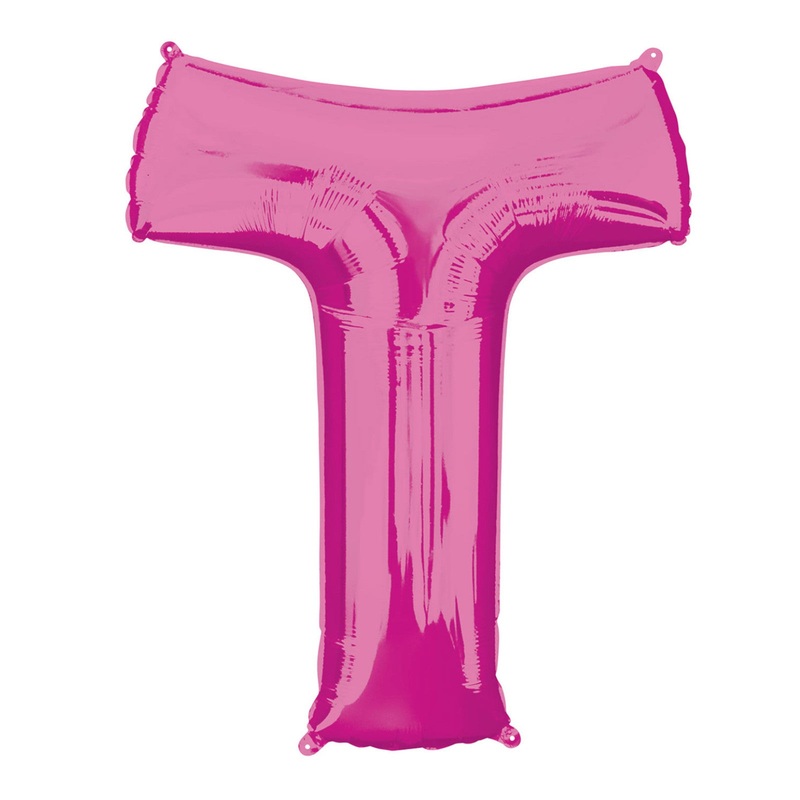 COLLECTION ONLY - Bright Pink Letter T Filled with Helium & Dressed with Ribbon & Weight