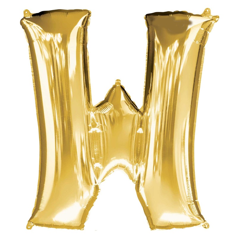 COLLECTION ONLY - Gold Letter W Filled with Helium & Dressed with Ribbon & Weight