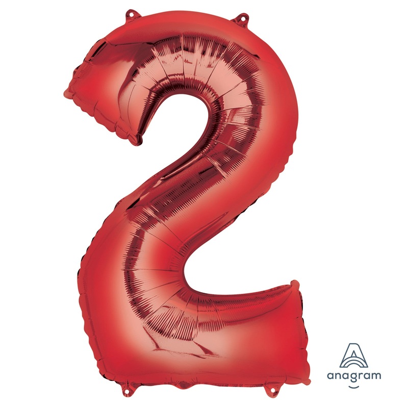 COLLECTION ONLY - Large Red Number 2 Super Shape Foil Balloon Filled with Helium & Dressed with Ribbon & Weight