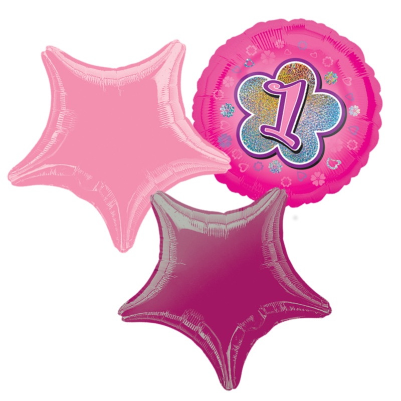 COLLECTION ONLY -  Pink Age 1 Foil Balloon Bouquet Filled with Helium & Dressed with Ribbon & Weight