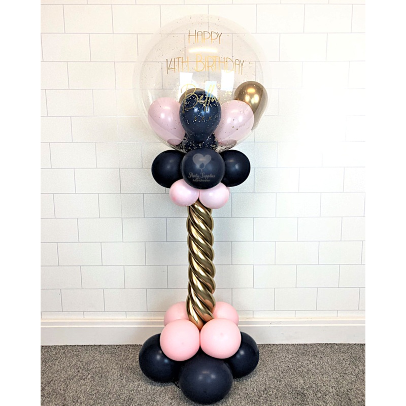 COLLECTION ONLY - Pink, Navy & Gold Twisted Tower Topped with a Clear Bubble filled with Balloons & Gold Leaf - Gold Message