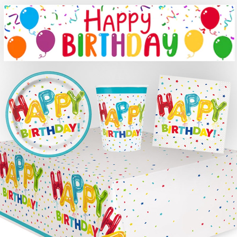 Colourful Balloons Happy Birthday Tableware Pack For 8 With FREE Banner!