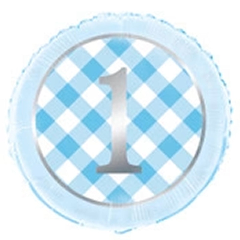 Gingham 1st Birthday Blue 45cm (18") Foil Balloons Packaged
