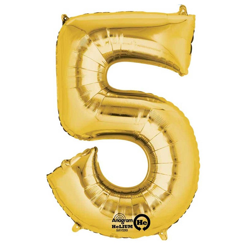 Gold Number 5 Air Filled Foil Balloon - No Helium Required! - 16"
