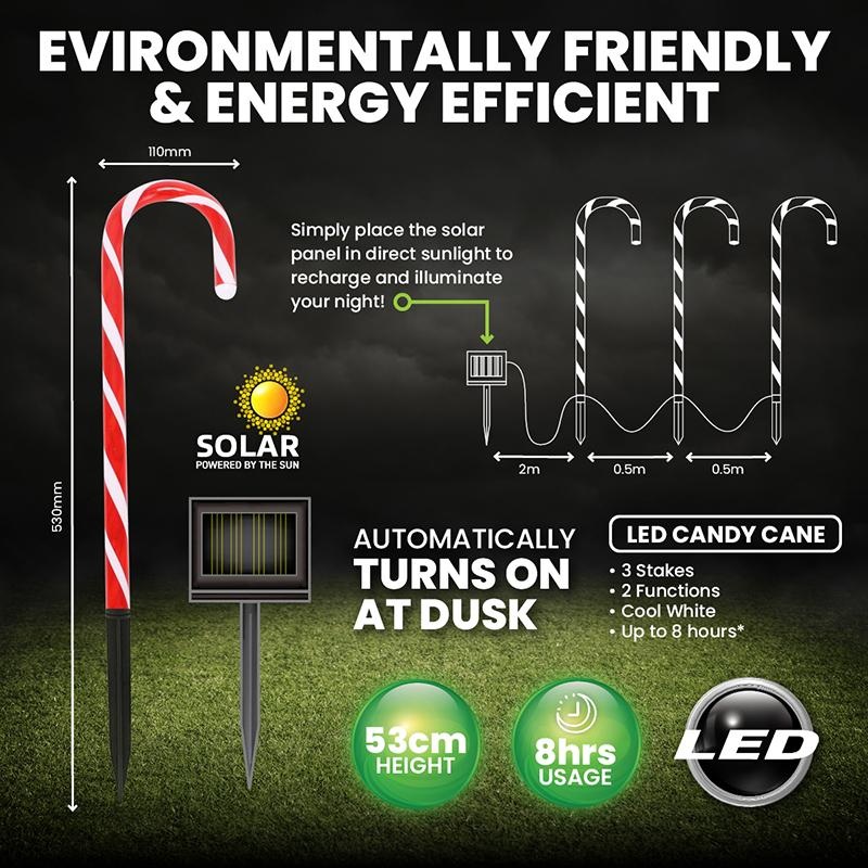 Light Solar Stakes Candy Cane 3pk 24 LED (8 Per Stake) 16.5cm x 48cm 2.9m Lead Cool White 2 Functions
