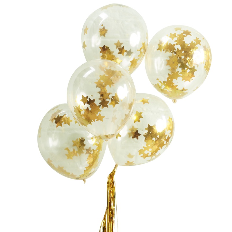 Gold Star Shaped Confetti Filled Balloons - Metallic Star - 12in / 30cm - Pack of 5