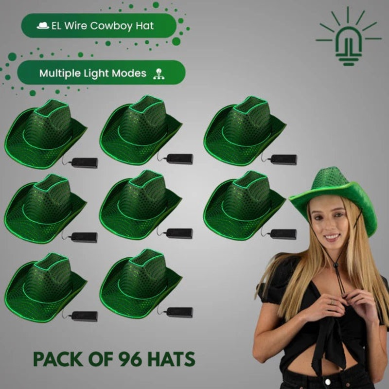 LED Flashing Green EL Wire Sequin Cowboy Party Hat - Pack of 96 Hats