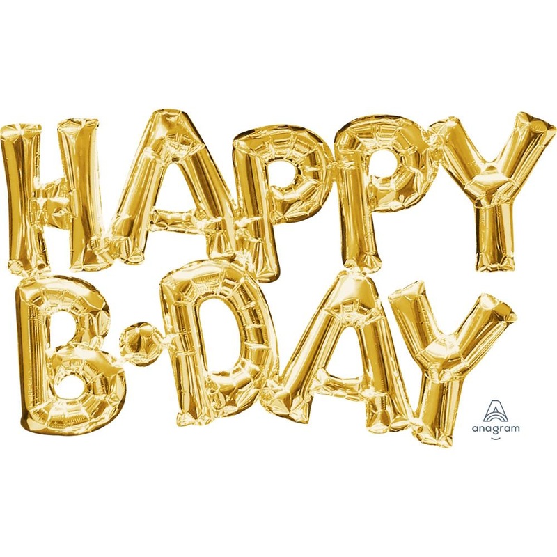Phrase "Happy Bday" Gold Die Cut Air-Filled Foil Balloon 30in x 19in / 76cm x 48cm