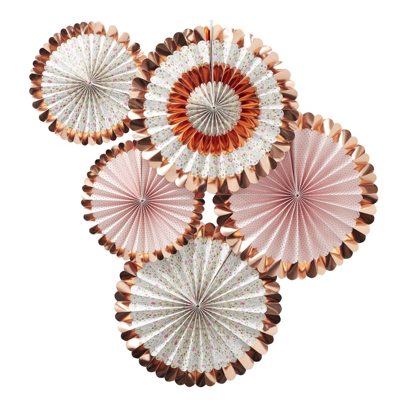 Rose Gold Foiled Floral Fan Decorations - Ditsy Floral - Pack of 5