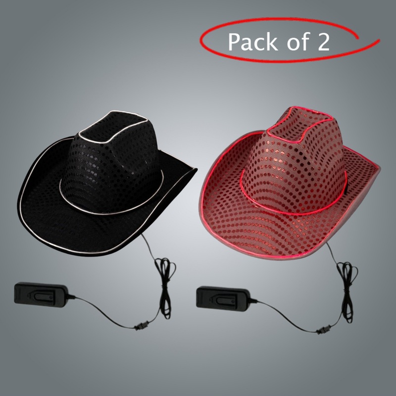 LED Light Up Flashing EL Wire Sequin Black & Pink Cowboy Party Hat - Pack of 2 Hats