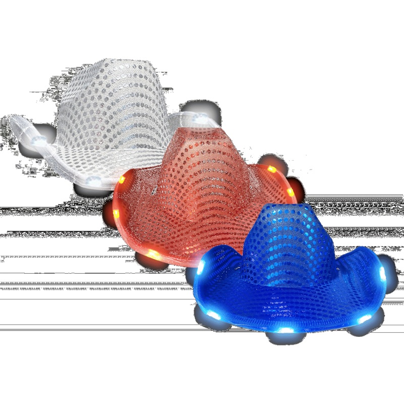 LED Light Up Flashing Patriotic Red White And Blue Sequin Cowboy Hats - Pack of 3