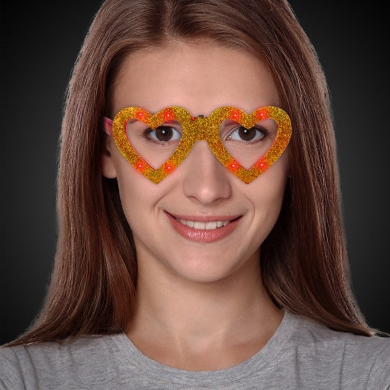 LED Light Up Gold Heart Glitter Glasses