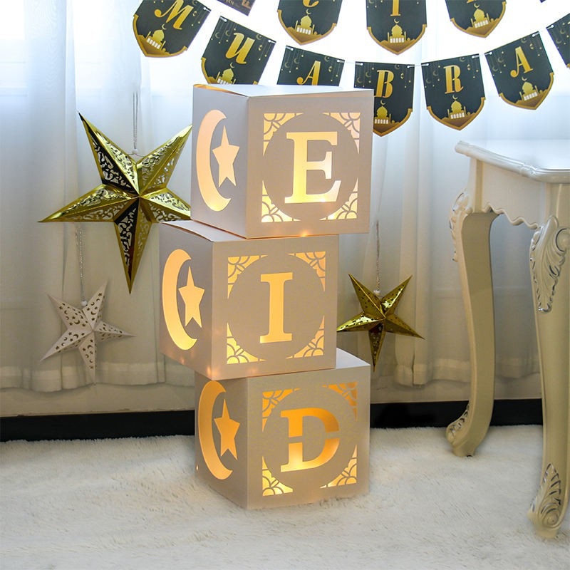 Eid Celebration White Boxes with LED Lights, Set of 3 boxes