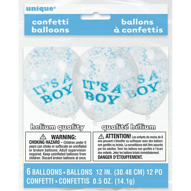 It's a Boy latex balloons with blue confetti 12 inches, 6 per package