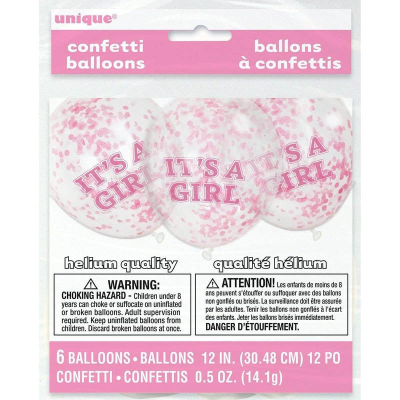 It's a Girl latex balloons with pink confetti 12 inches, 6 per package