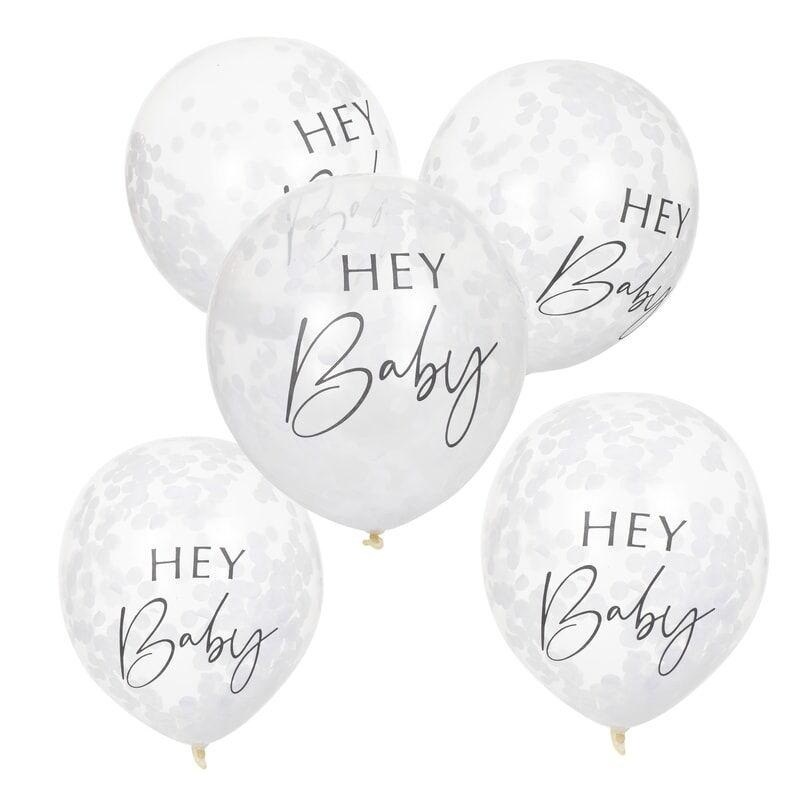 PACK OF 5 LATEX - CONFETTI FILLED - HEY BABY