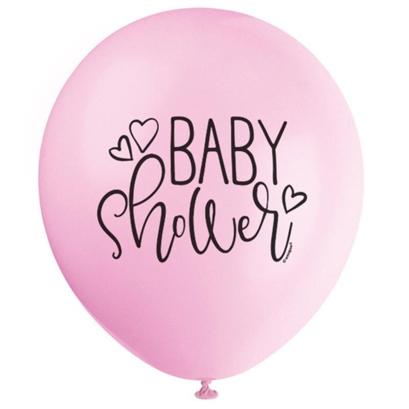 Pink baby shower latex balloons 12 inches, 8 per package